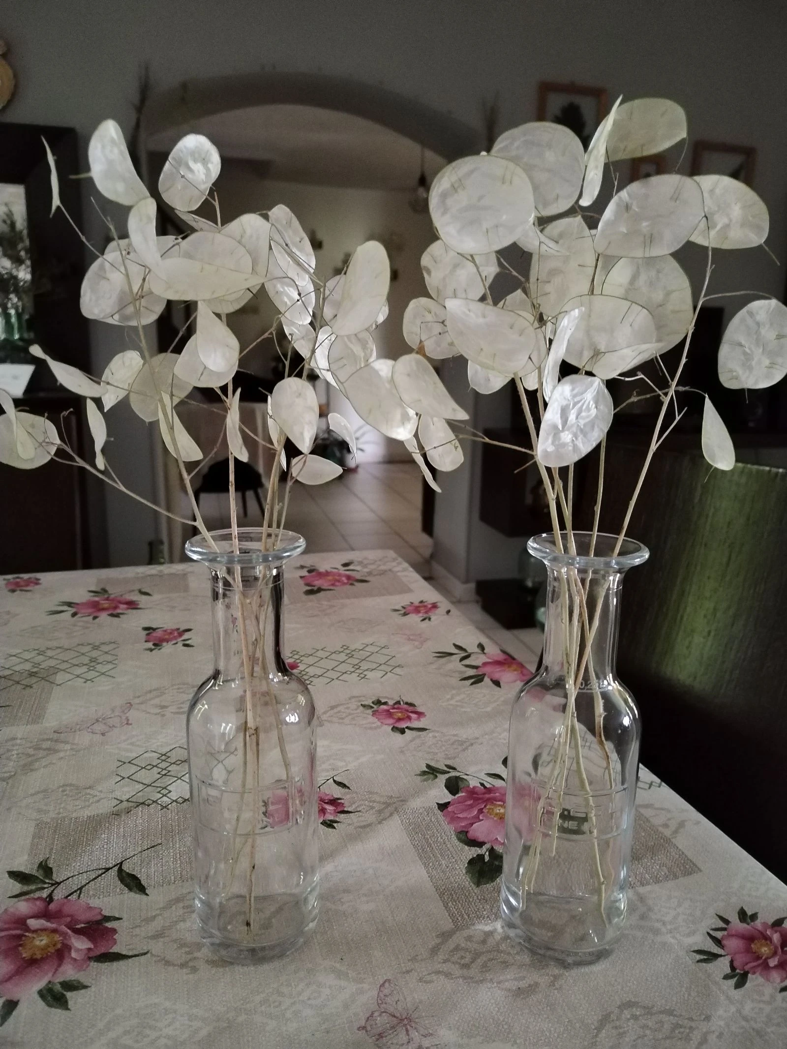 ensemble de 2 jolis vases vintage avec des petites branches de monnaie du pape séchées.